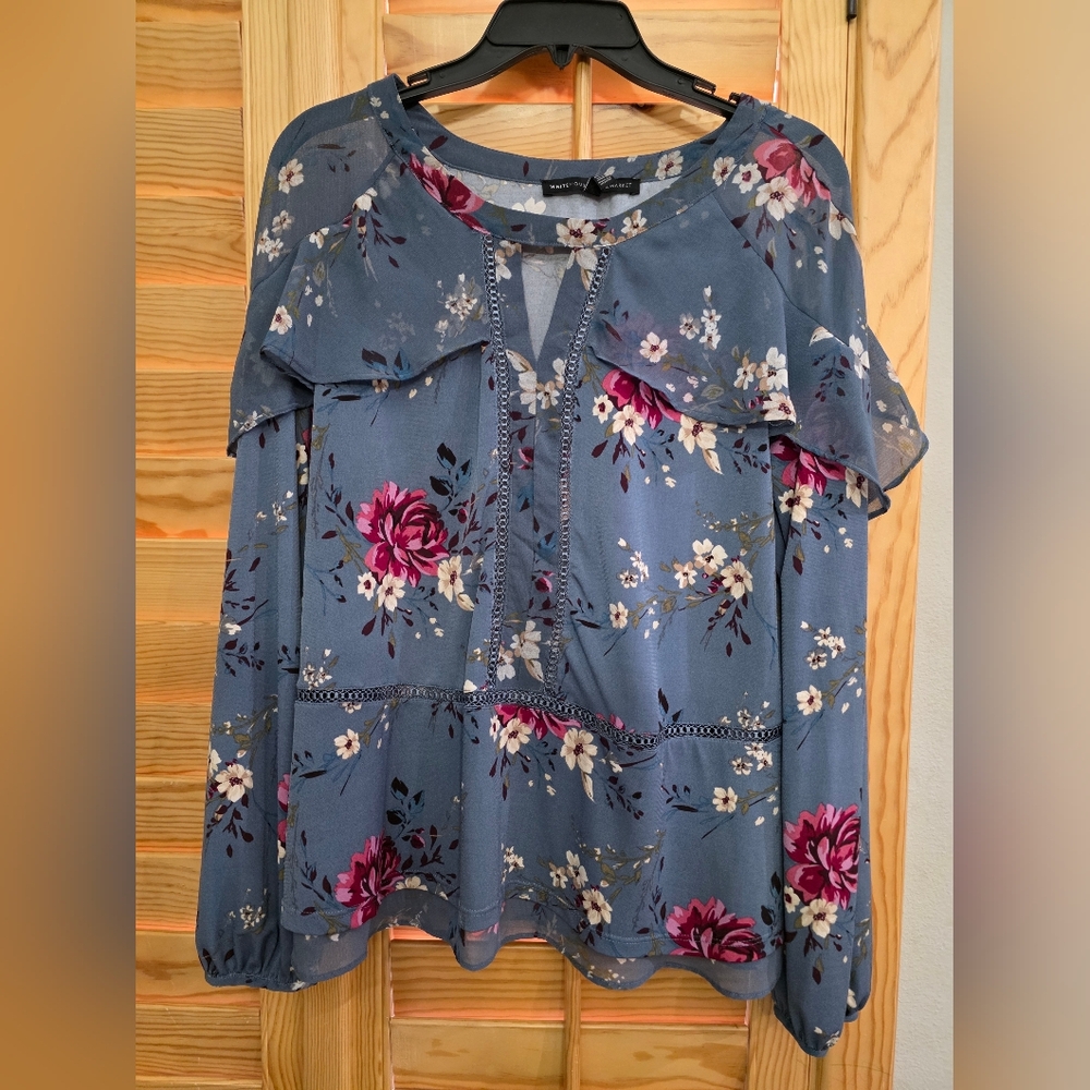 White House Black Market Blue Floral Ruffle Blouse